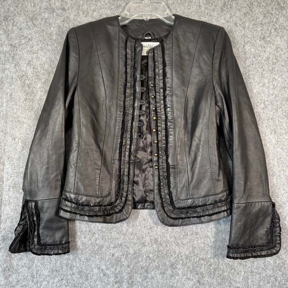Pamela McCoy Leather Jacket Womens Small* Ruffle Trim Fitted Button Whimsioth - Picture 1 of 14